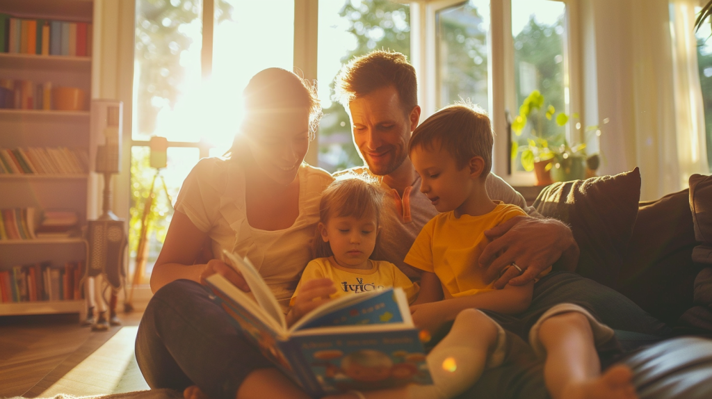 Family reading a book